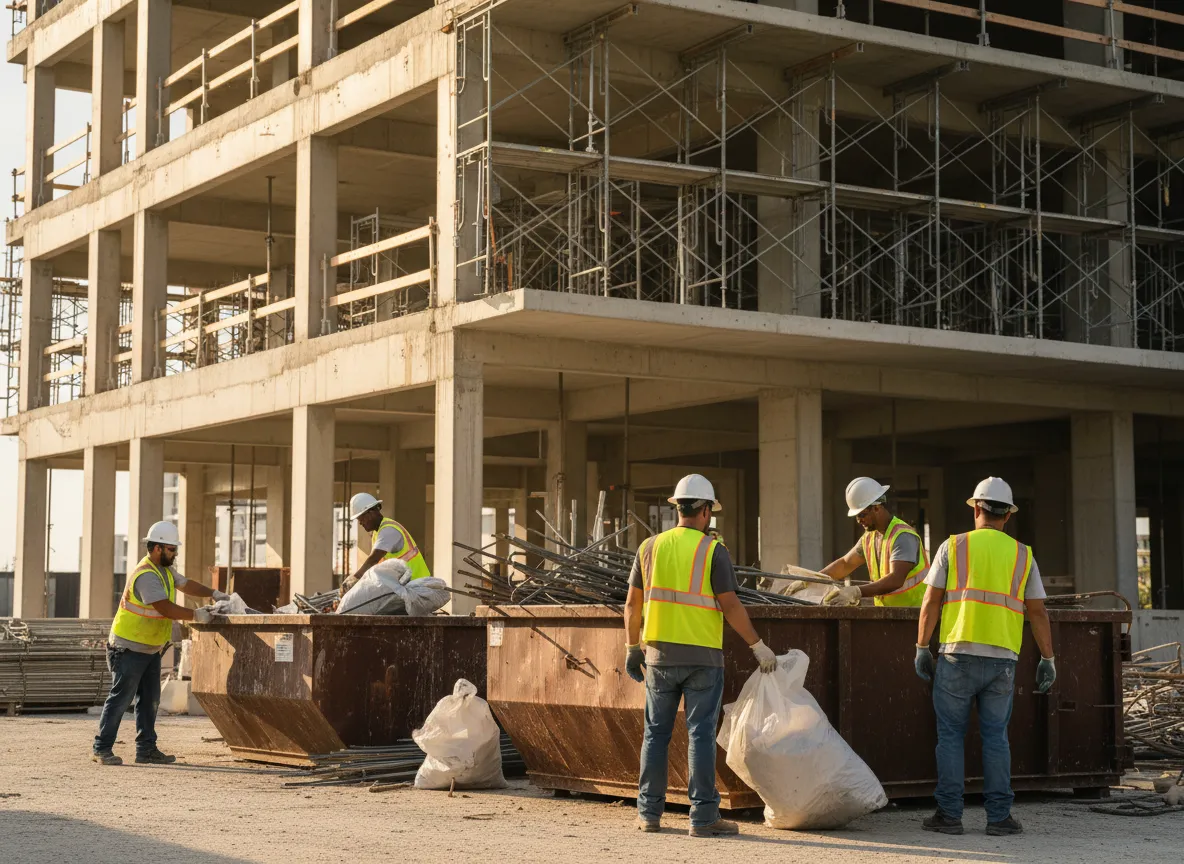 Trabajadores con casco y guantes recogiendo residuos en sitio de construcción activo